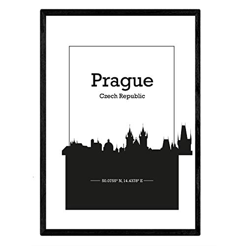 Nacnic Poster con Mapa de Prague - Republica Checa. Láminas con Skyline de Ciudades de Europa con Sombra Negra. Tamaño A3