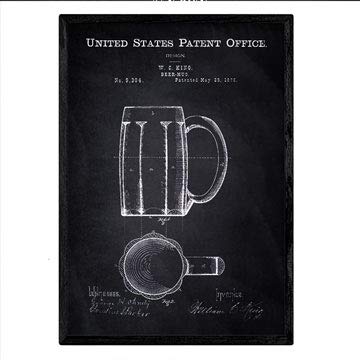 Nacnic Poster con Patente de Jarra de Cerveza. Lámina con diseño de Patente Antigua en tamaño A3 y con Fondo Negro