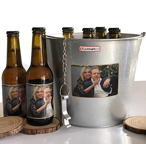 Majami Set de 6 cervezas personalizadas con cubo enfriador y abrebotellas, cervezas con foto para regalar, eventos, bodas, cumpleaños, aniversario, Regalo Original, Uvimark