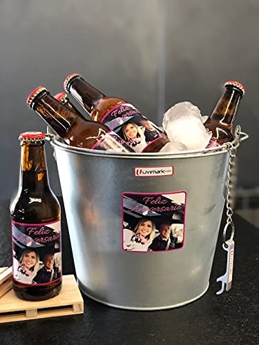 Majami Set de 6 cervezas personalizadas con cubo enfriador y abrebotellas, cervezas con foto para regalar, eventos, bodas, cumpleaños, aniversario, Regalo Original, Uvimark
