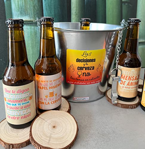 Uvimark - Set de 6 Cervezas Personalizadas con Cubo Enfriador y Abrebotellas - Cervezas con Mensajes para Regalar en cumpleaños, amigo invisible - Regalo Original Cerveceros Hombre y Mujer