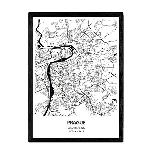Nacnic Poster con Mapa de Prague - Republica Checa. Láminas de Ciudades de Europa con Mares y ríos en Color Negro. Tamaño A4